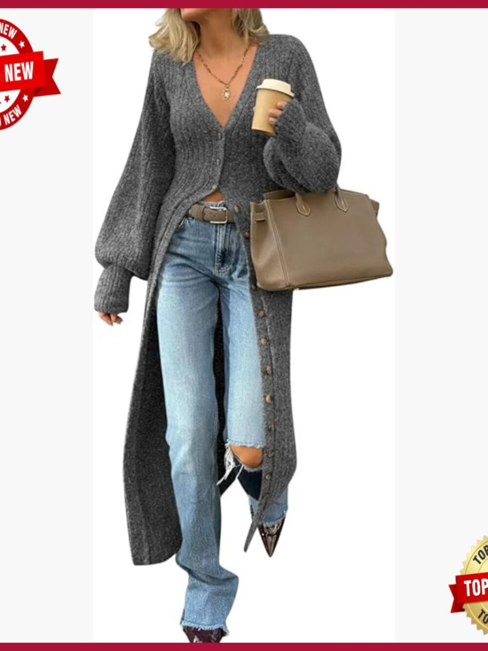 Womens V Neck Lantern Sleeve Cardigan Maxi Sweater Coat Button Down